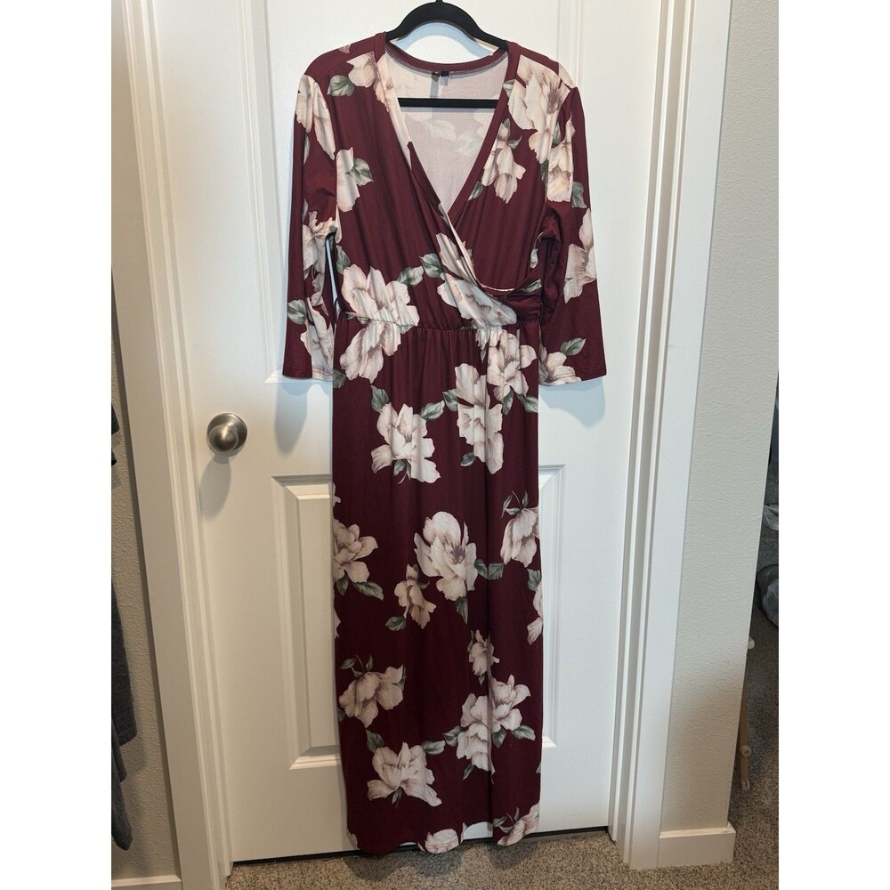 Zattcas Womens Burgundy Floral Maxi Dress 3/4 Sleeve Wrap V-Neck XL ZA131-WR